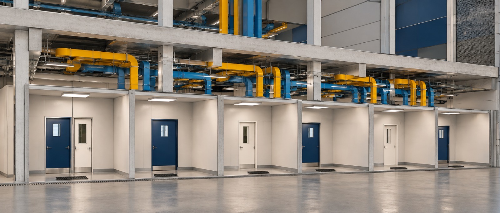 Industrial elevation with yellow and blue ducts above the rooms