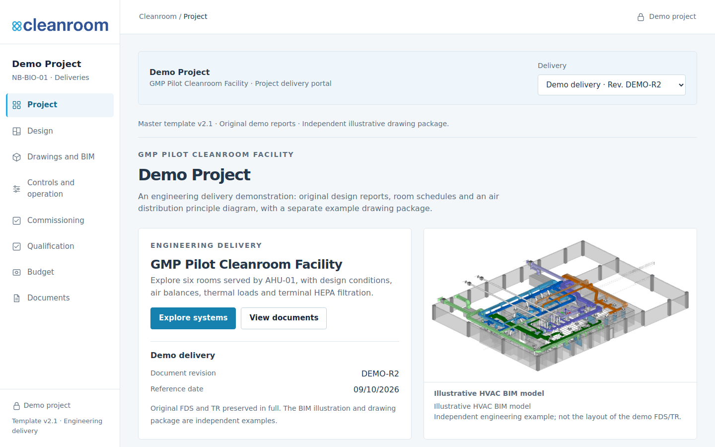 English demo project delivery portal with project overview, documents and technical navigation